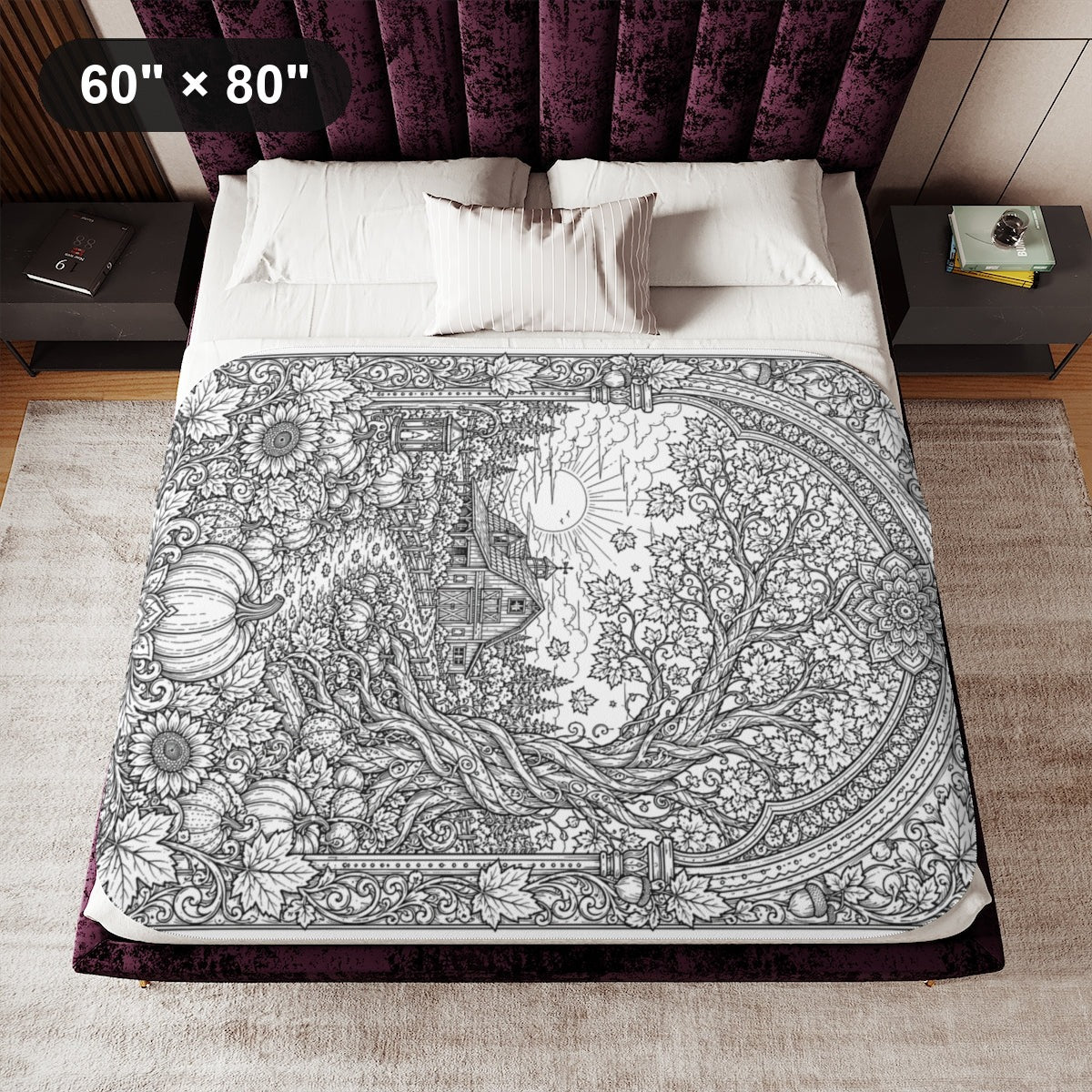 Autumn Sunrise Barn Sherpa Blanket kit shown in a lifestyle mockup - 60" × 80"