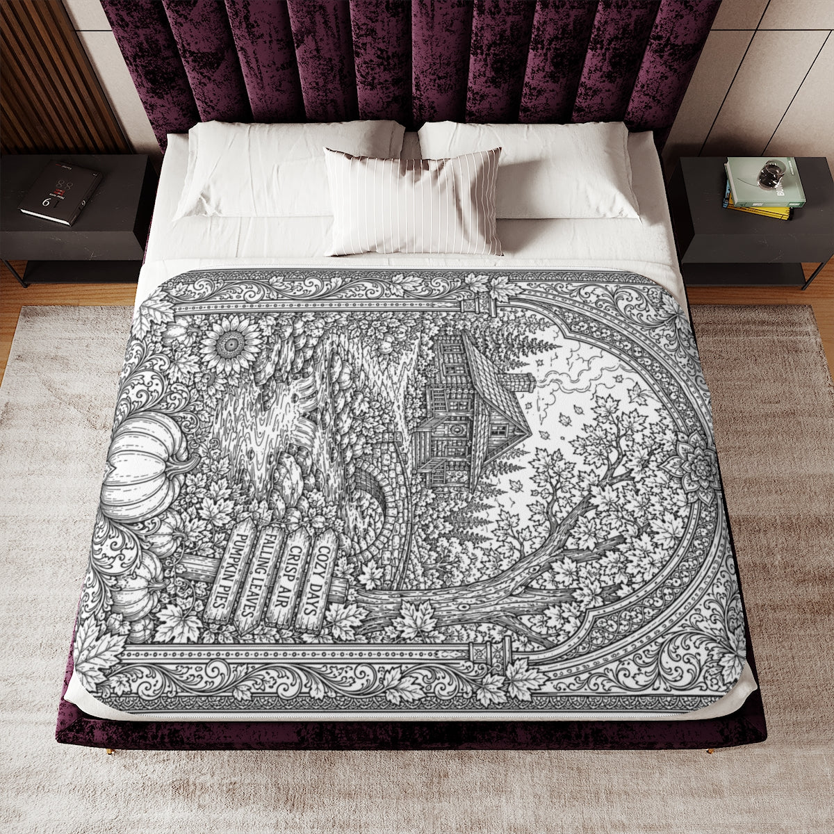 Cozy Autumn Cabin Sherpa Blanket kit shown in a lifestyle mockup - 60" × 80"