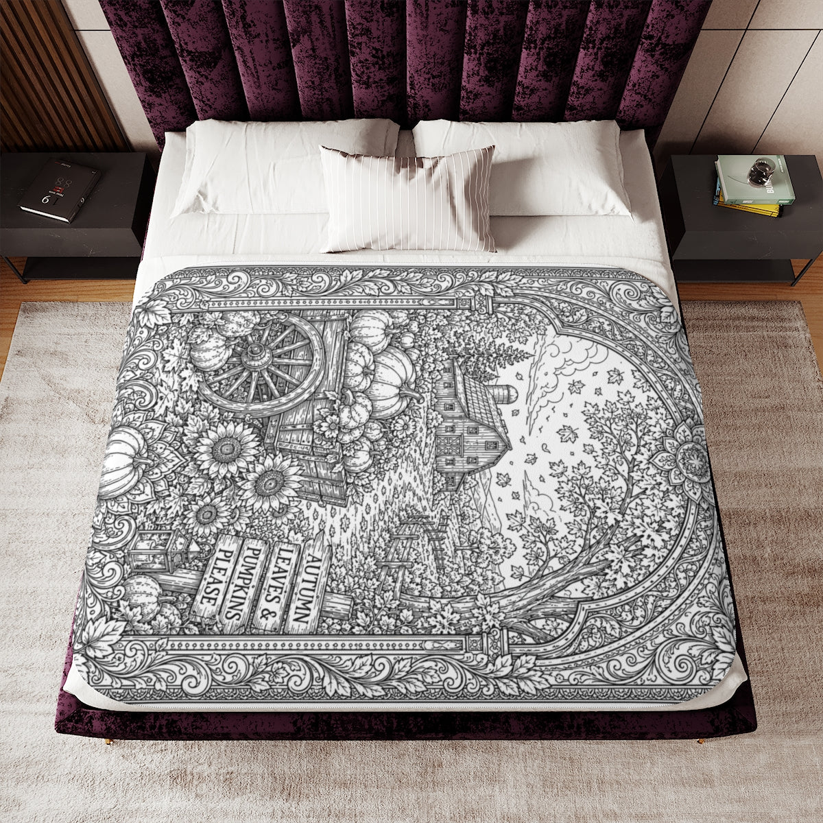 Autumn Harvest Pumpkin Cart Sherpa Blanket kit shown in a lifestyle mockup - 60" × 80"