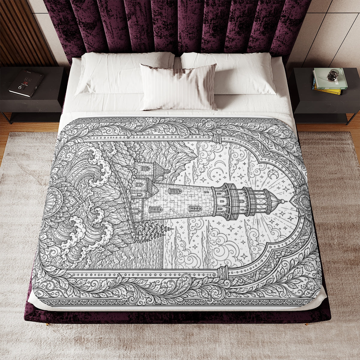 Moonlit Lighthouse By the Sea Sherpa Blanket kit shown in a lifestyle mockup - 60" × 80"