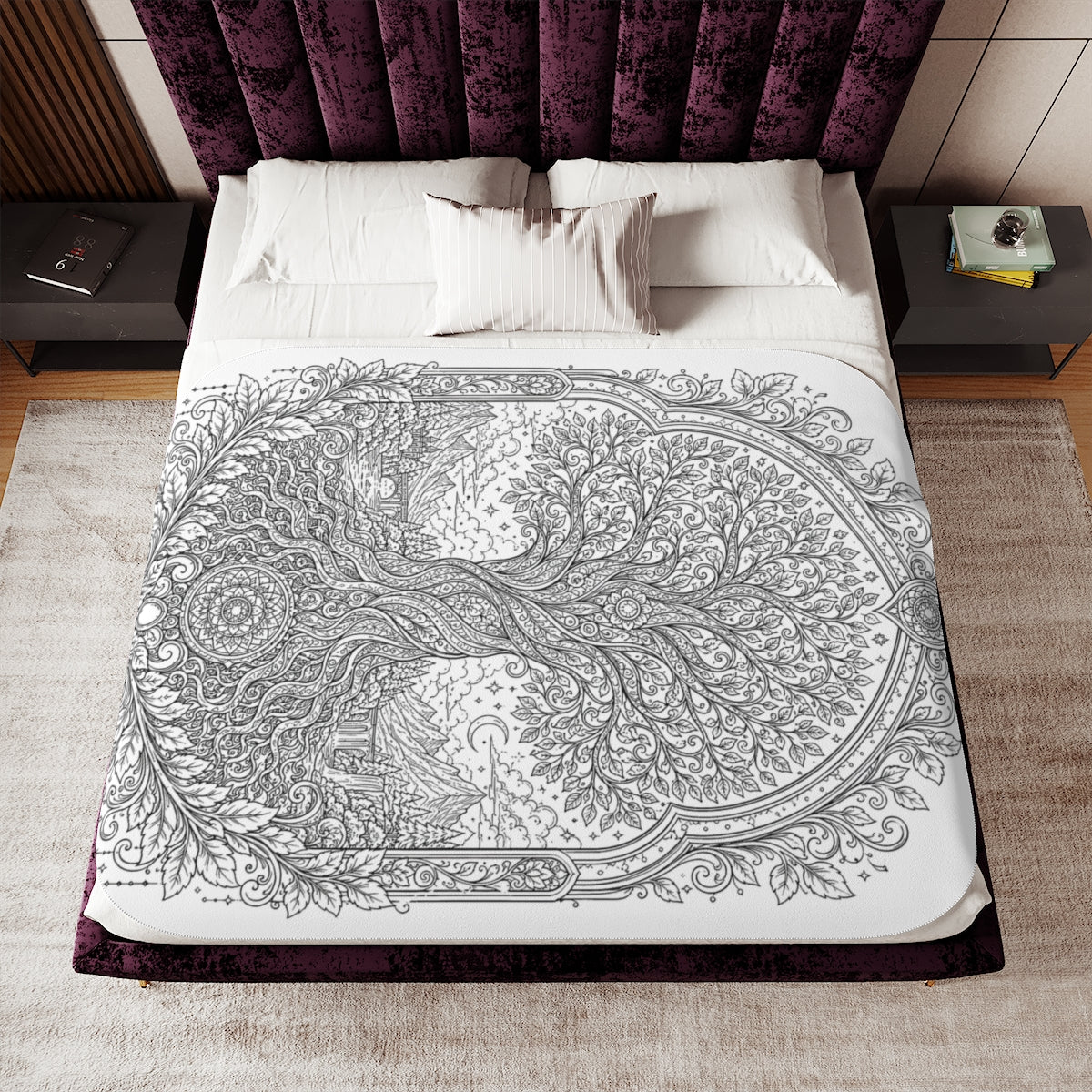 Enchanted Tree of Life Sherpa Blanket kit shown in a lifestyle mockup - 60" × 80"