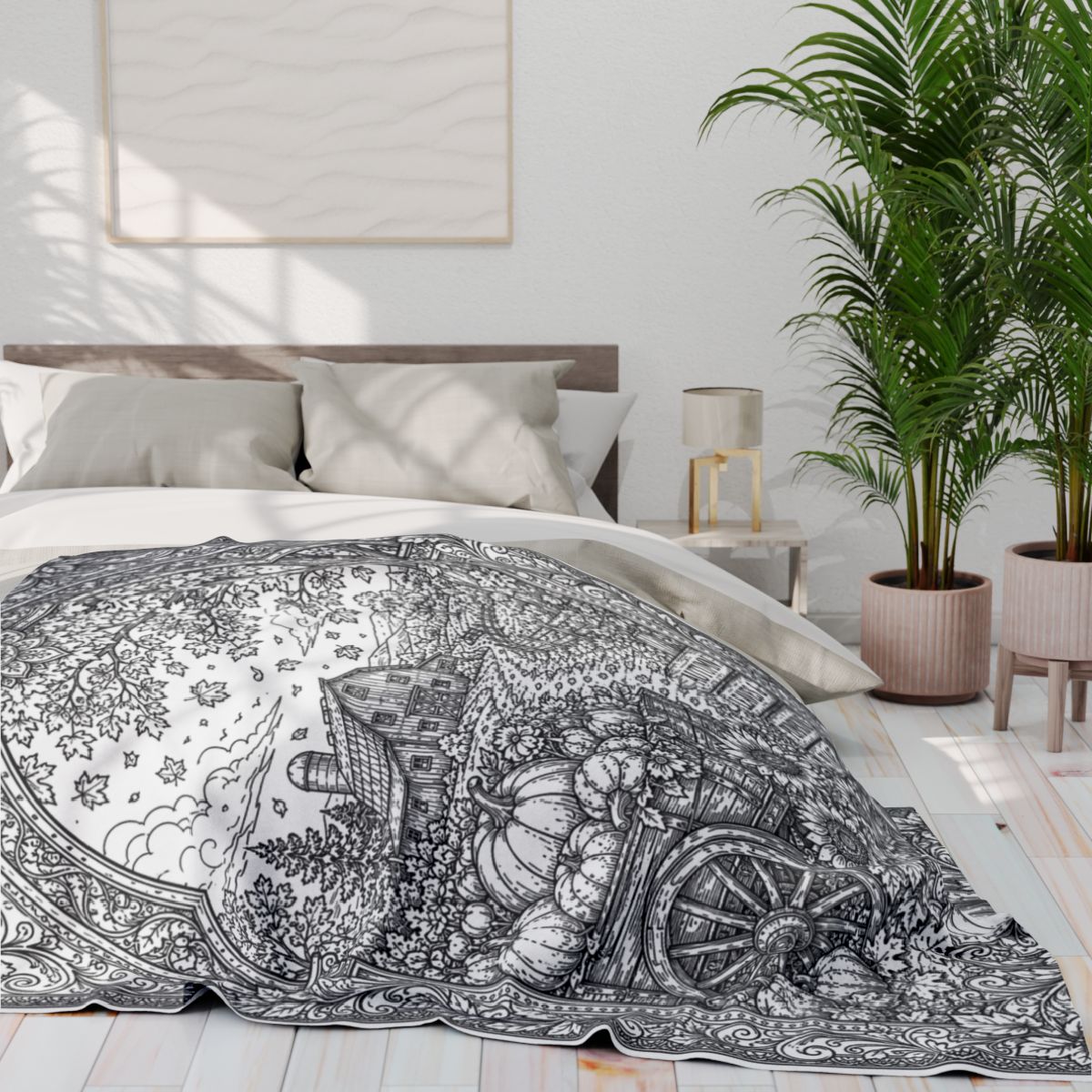 Autumn Harvest Pumpkin Cart Fleece Blanket kit shown in a lifestyle mockup - 60" × 80"