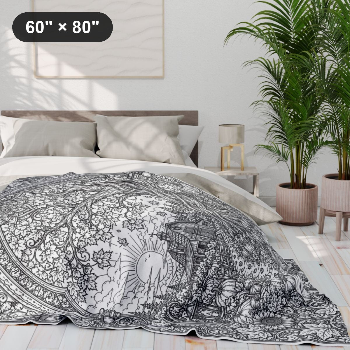 Autumn Sunrise Barn Fleece Blanket kit shown in a lifestyle mockup - 60" × 80"