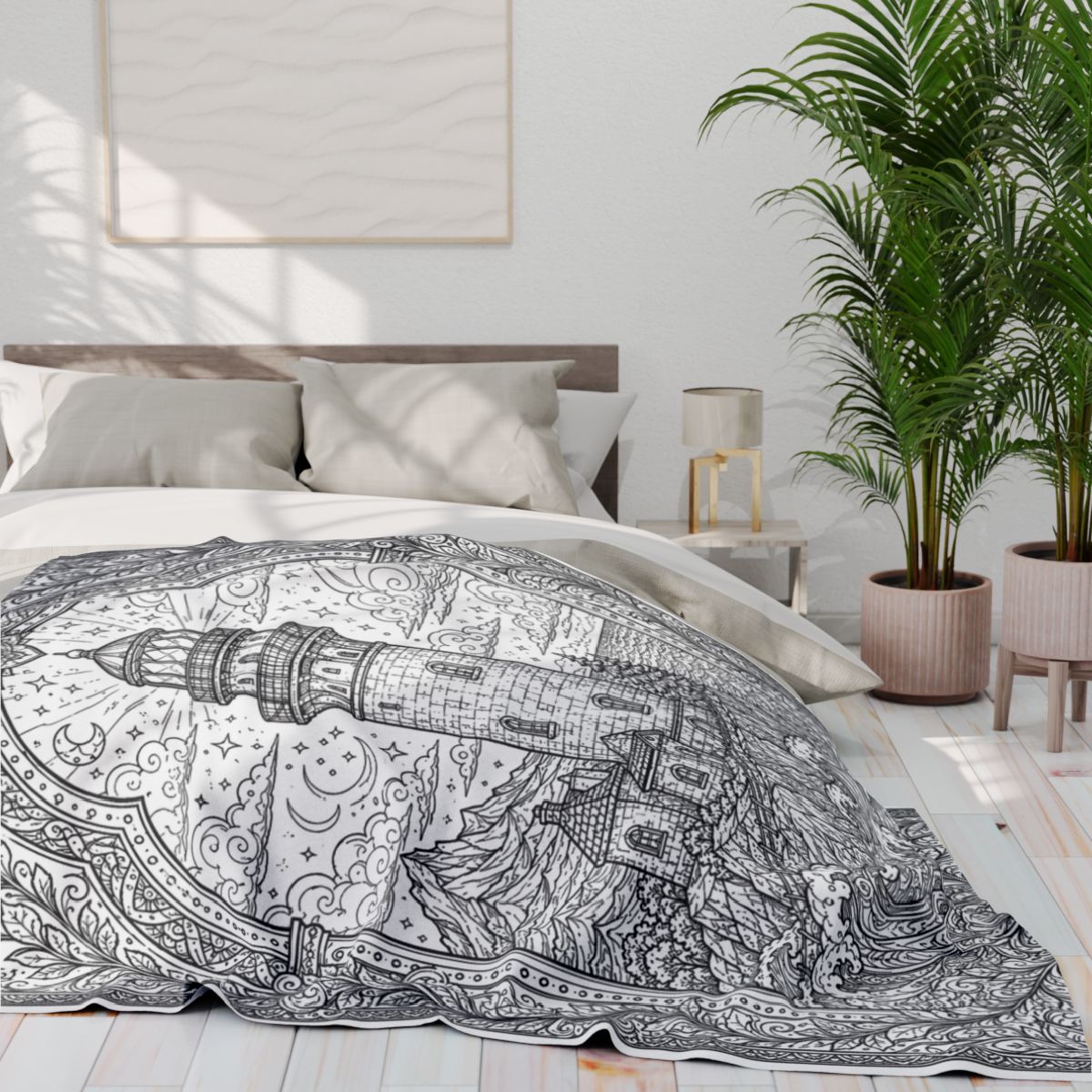 Moonlit Lighthouse By the Sea Fleece Blanket kit shown in a lifestyle mockup - 60" × 80"