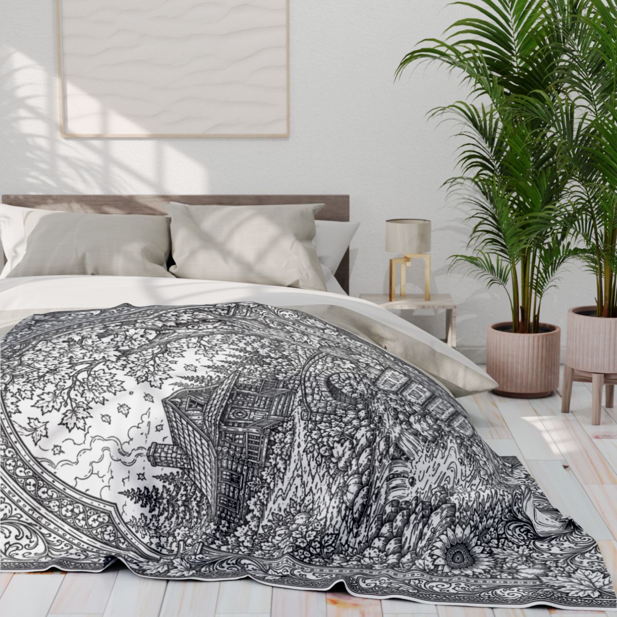 Cozy Autumn Cabin Fleece Blanket kit shown in a lifestyle mockup - 60" × 80"