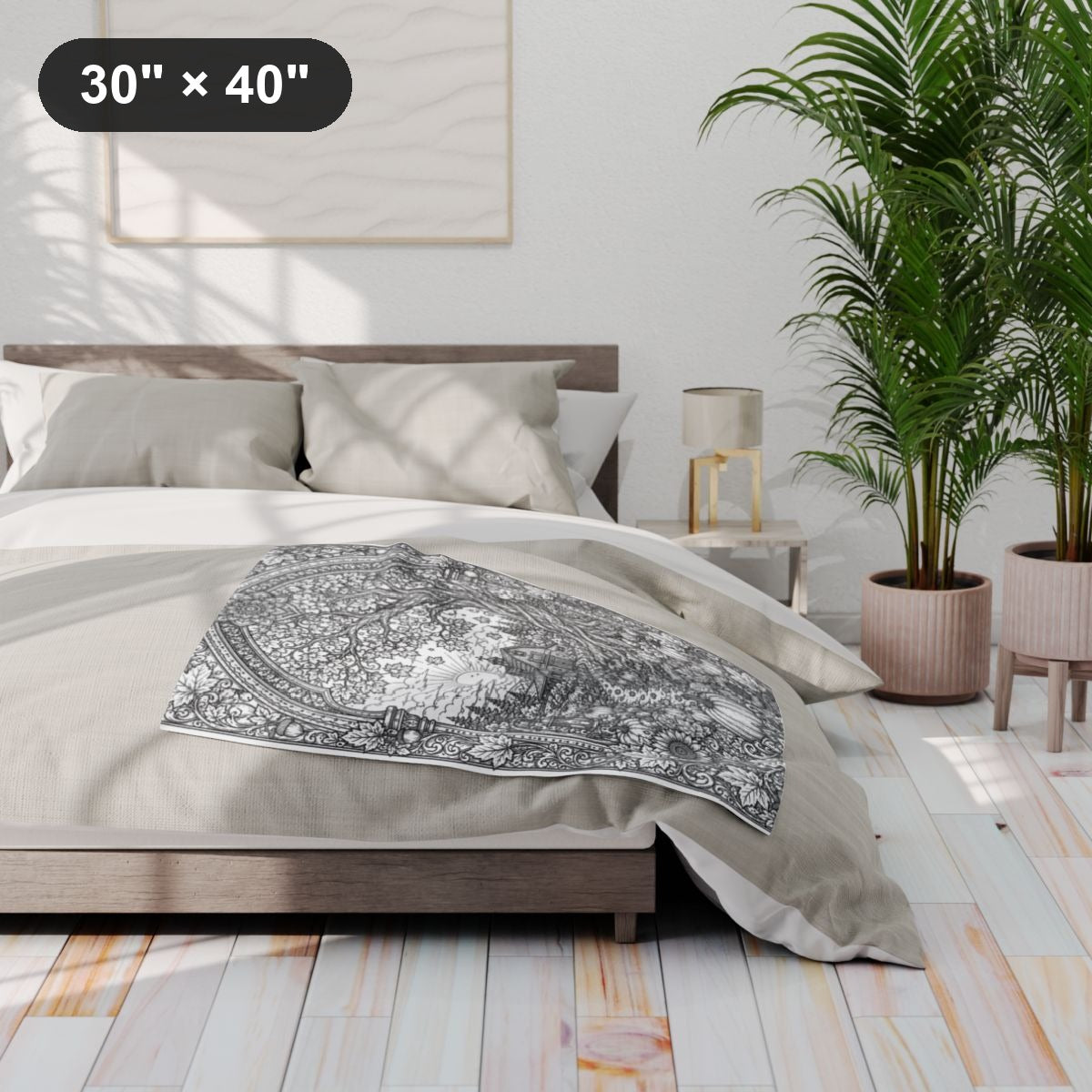 Autumn Sunrise Barn Fleece Blanket kit shown in a lifestyle mockup - 30" × 40"