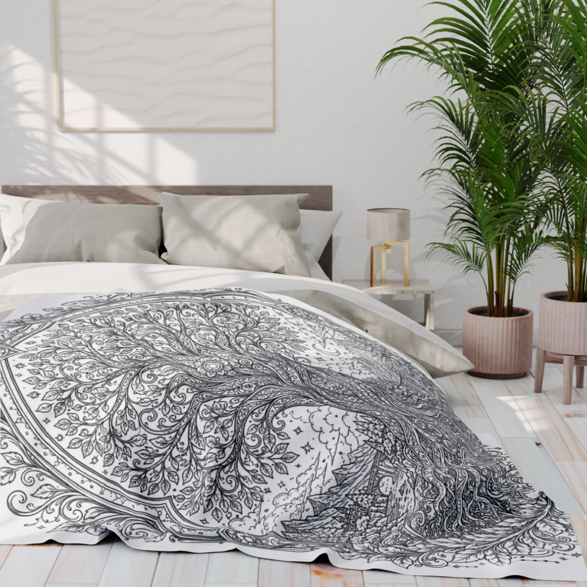 Enchanted Tree of Life Fleece Blanket kit shown in a lifestyle mockup - 60" × 80"