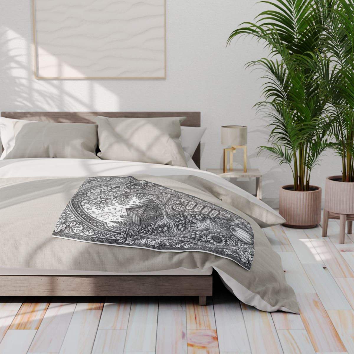 Cozy Autumn Cabin Fleece Blanket kit shown in a lifestyle mockup - 30" × 40"