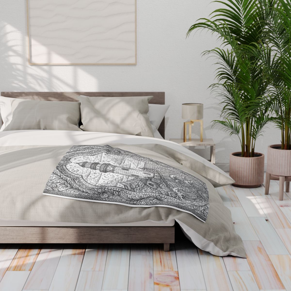 Moonlit Lighthouse By the Sea Fleece Blanket kit shown in a lifestyle mockup - 30" × 40"