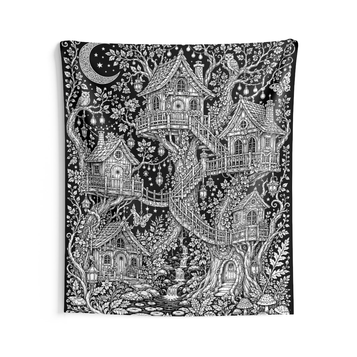 Moonlit Fairy Treehouse Village Indoor Wall Tapestry kit shown in a lifestyle mockup - 68" × 80"
