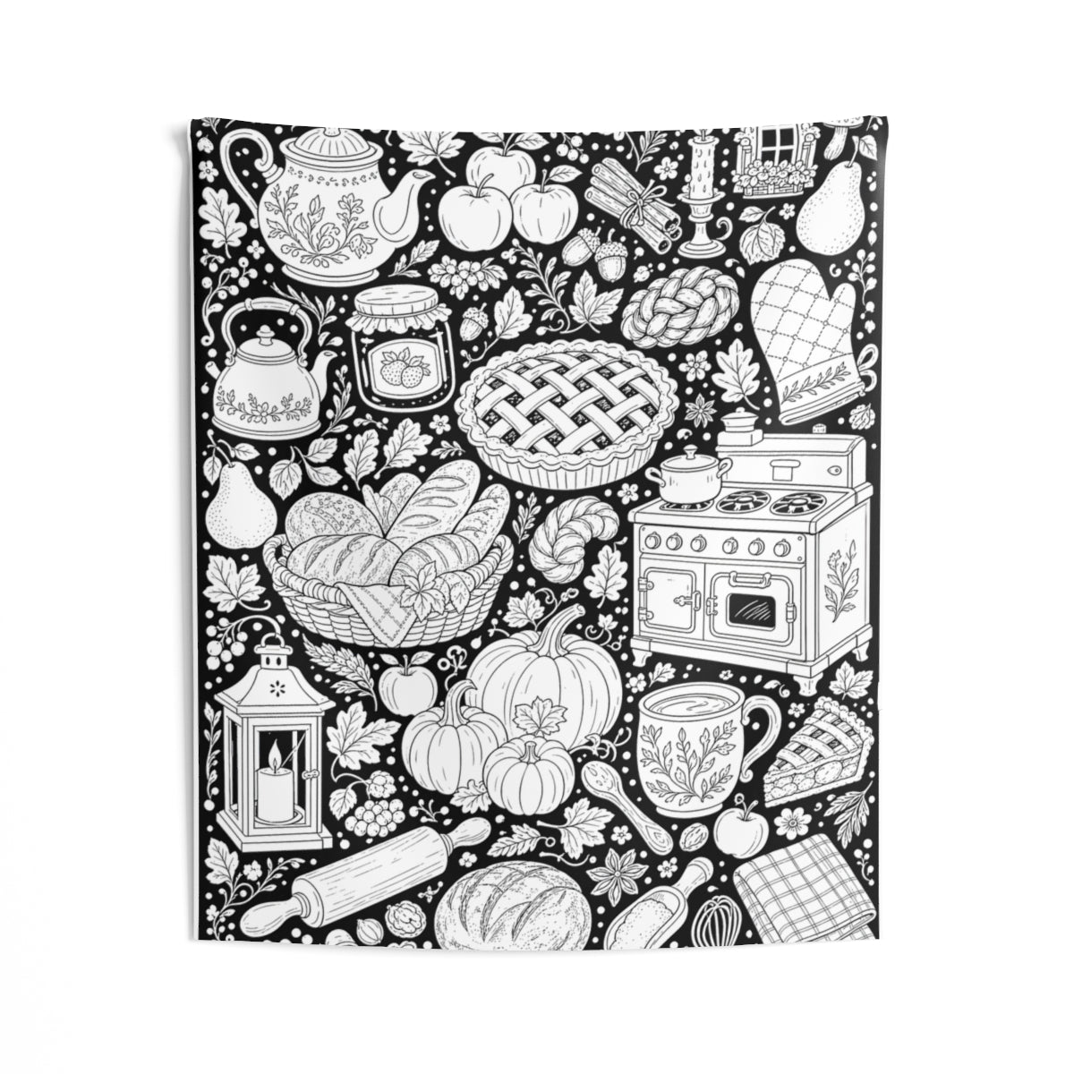 Autumn Kitchen Indoor Wall Tapestry kit shown in a lifestyle mockup - 50" × 60"