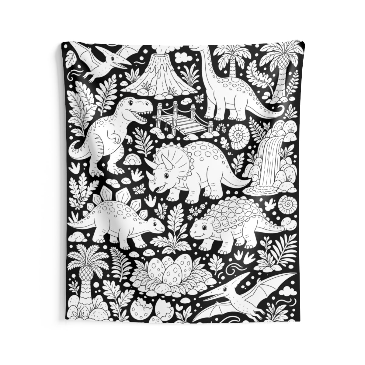 Dinosaur Jungle Indoor Wall Tapestry kit shown in a lifestyle mockup - 68" × 80"