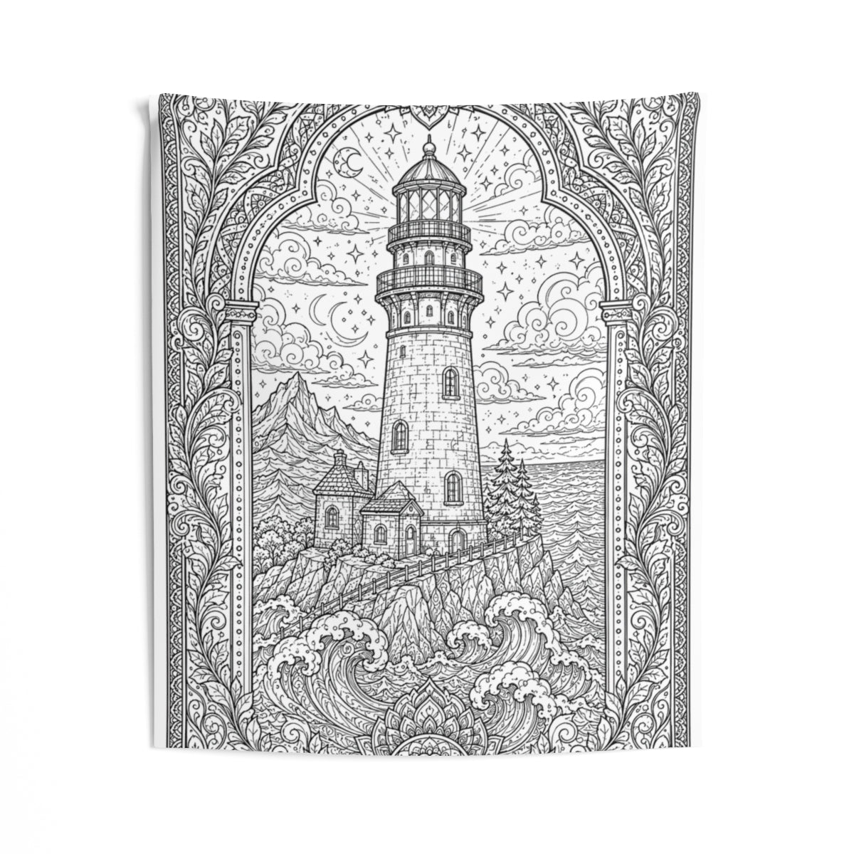 Moonlit Lighthouse By the Sea Indoor Wall Tapestry kit shown in a lifestyle mockup - 50" × 60"