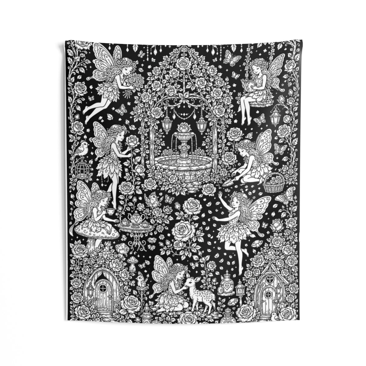 Fairy Rose Garden Indoor Wall Tapestry kit shown in a lifestyle mockup - 50" × 60"