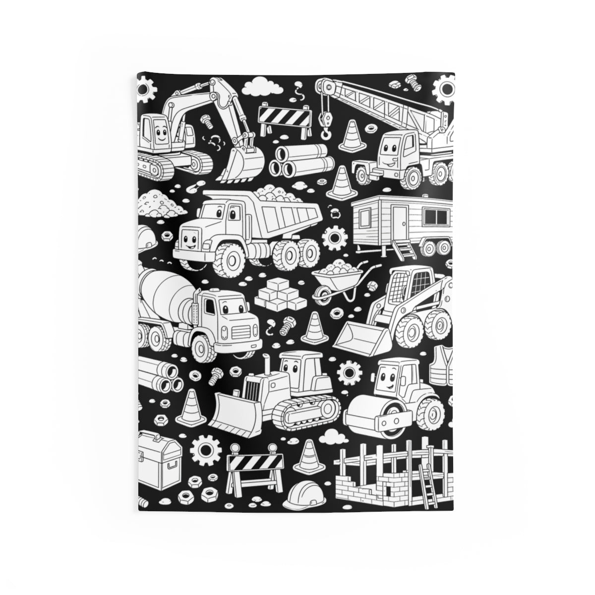 Happy Construction Trucks Indoor Wall Tapestry kit shown in a lifestyle mockup - 26" × 36"