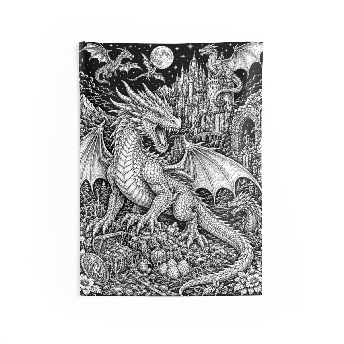 Moonlit Dragon Castle Indoor Wall Tapestry kit shown in a lifestyle mockup - 26" × 36"