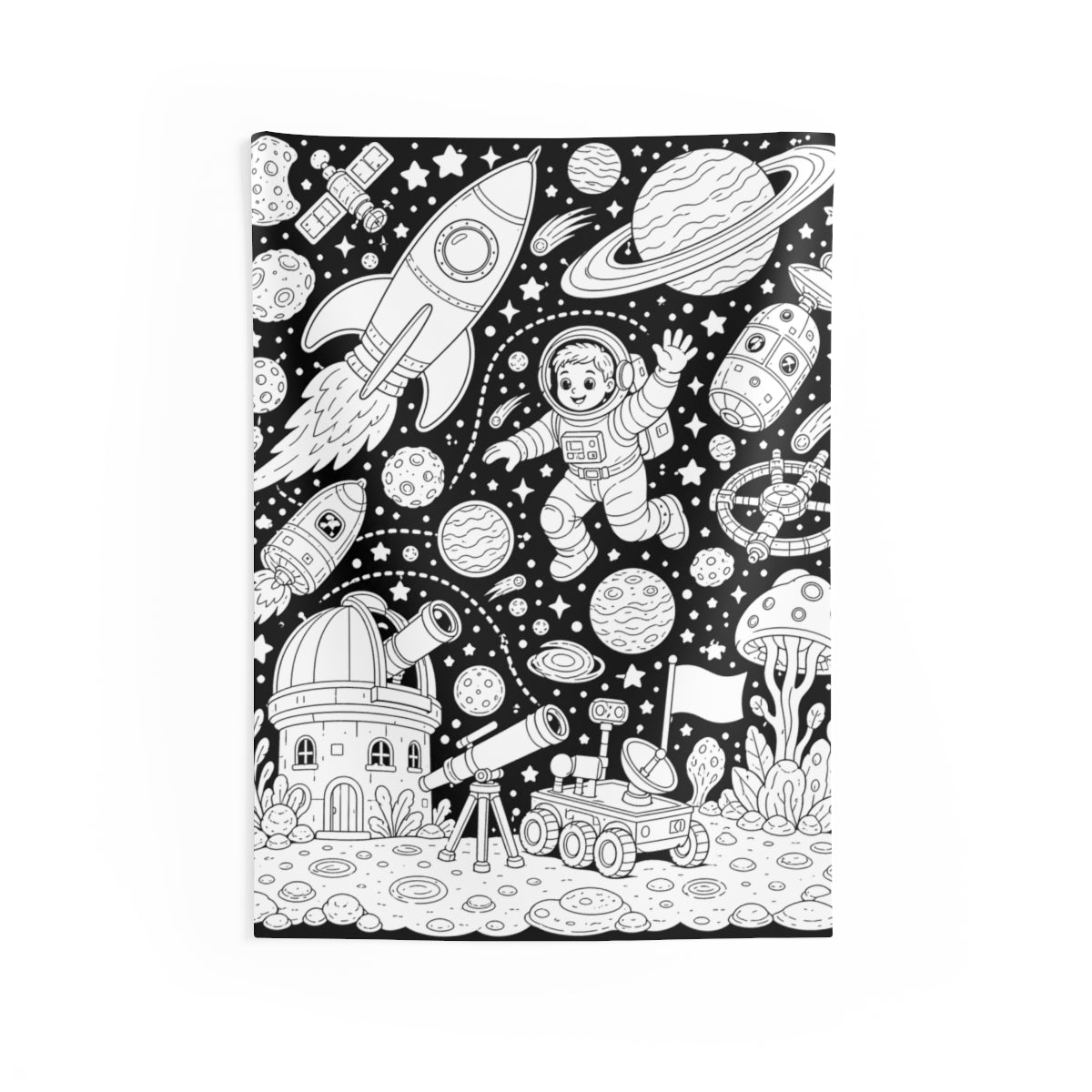 Kids Space Adventure Indoor Wall Tapestry kit shown in a lifestyle mockup - 26" × 36"
