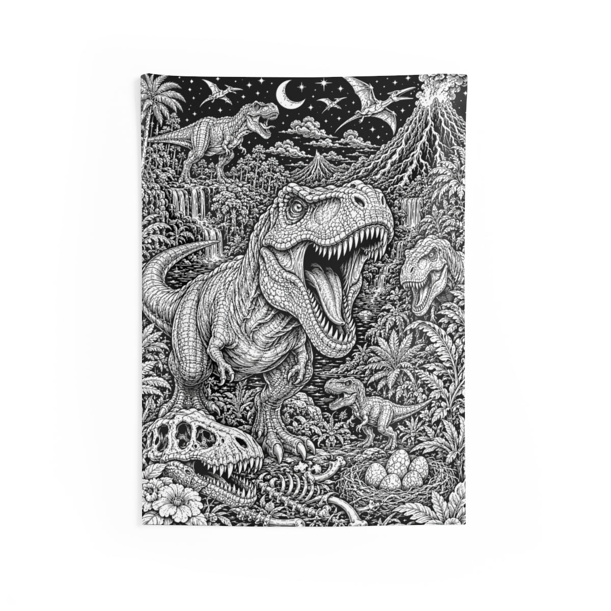 Dinosaur Volcano Valley Indoor Wall Tapestry kit shown in a lifestyle mockup - 26" × 36"