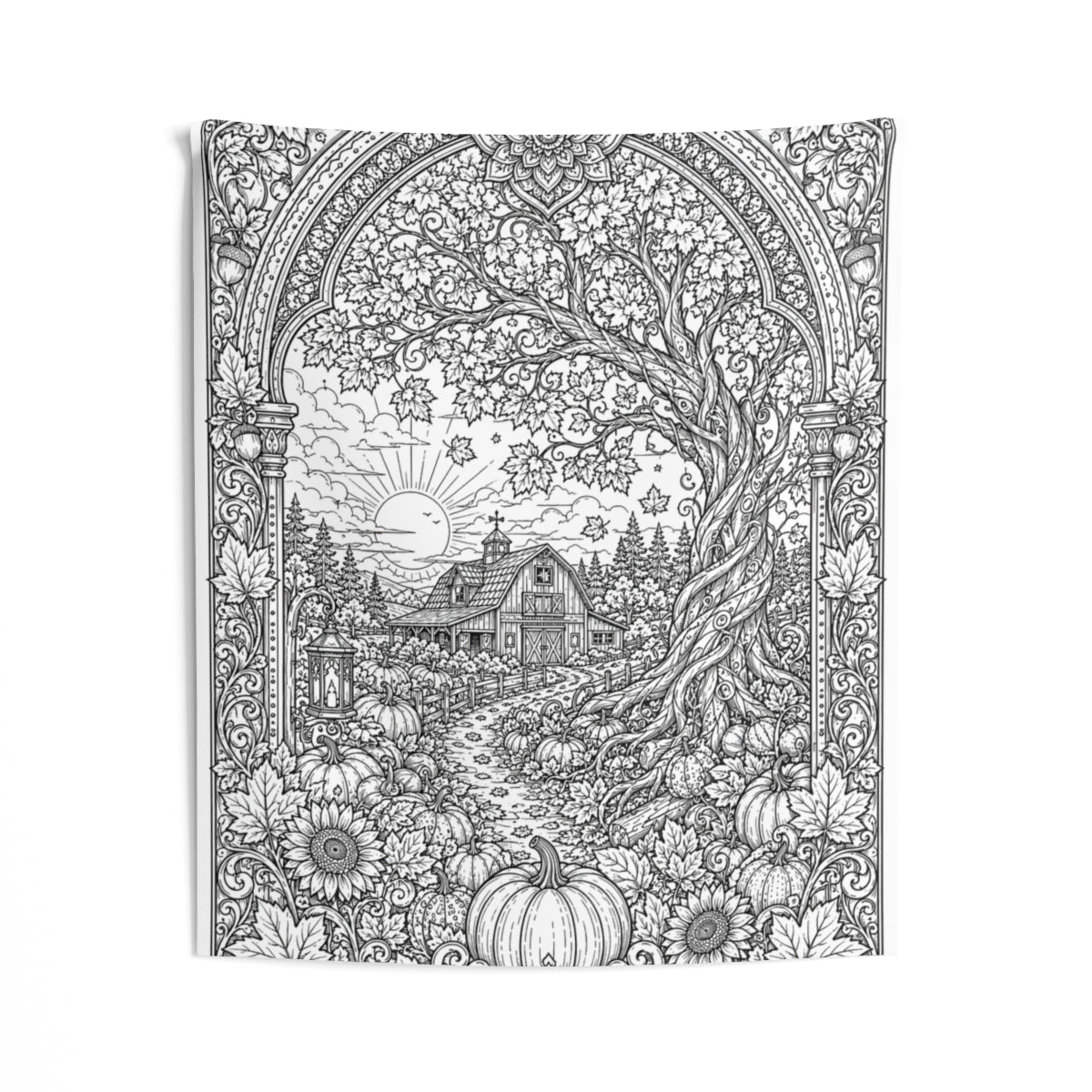 Autumn Sunrise Barn Indoor Wall Tapestry kit shown in a lifestyle mockup - 50" × 60"