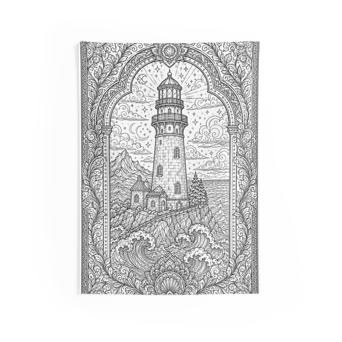 Moonlit Lighthouse By the Sea Indoor Wall Tapestry kit shown in a lifestyle mockup - 26" × 36"