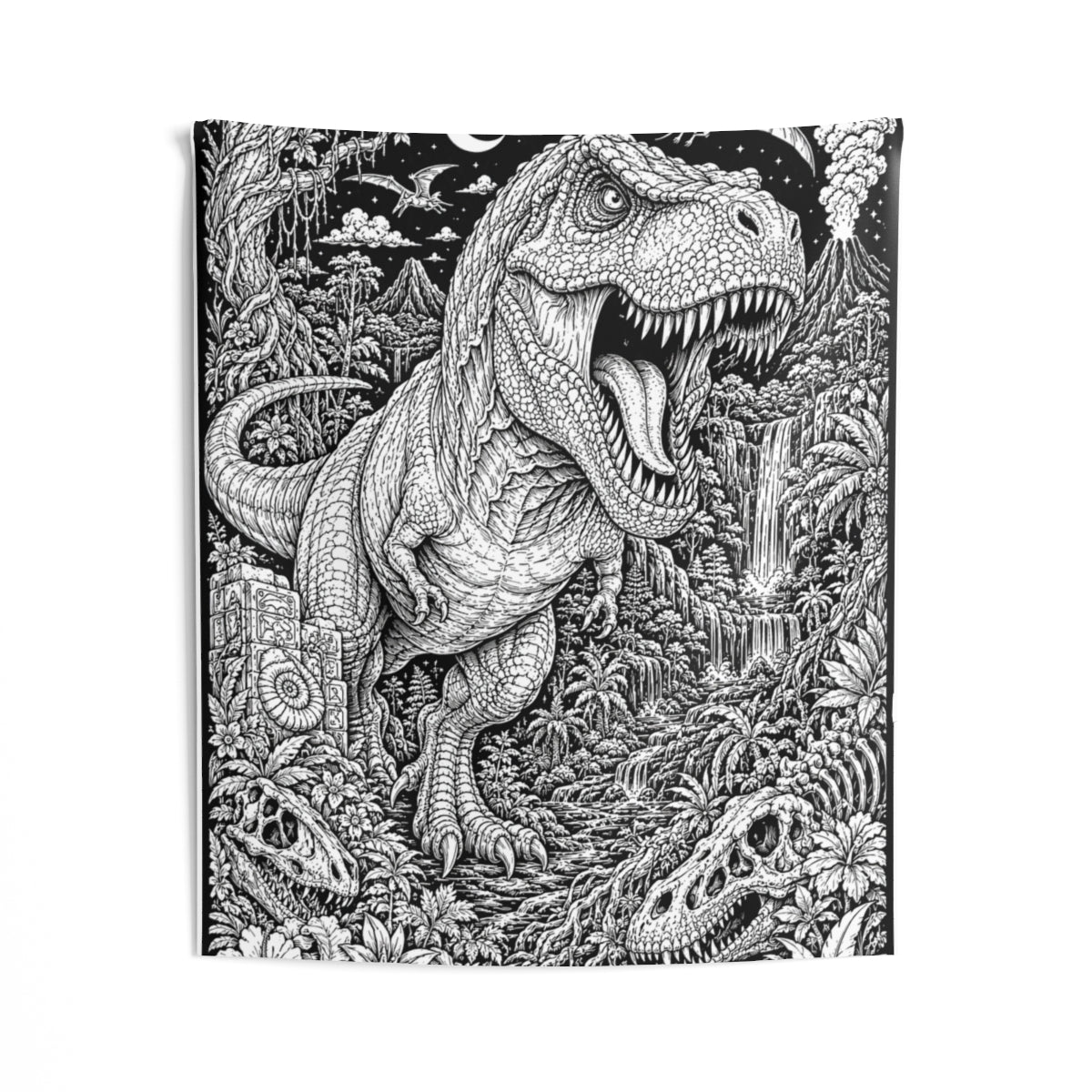 T Rex Rainforest Indoor Wall Tapestry kit shown in a lifestyle mockup - 50" × 60"