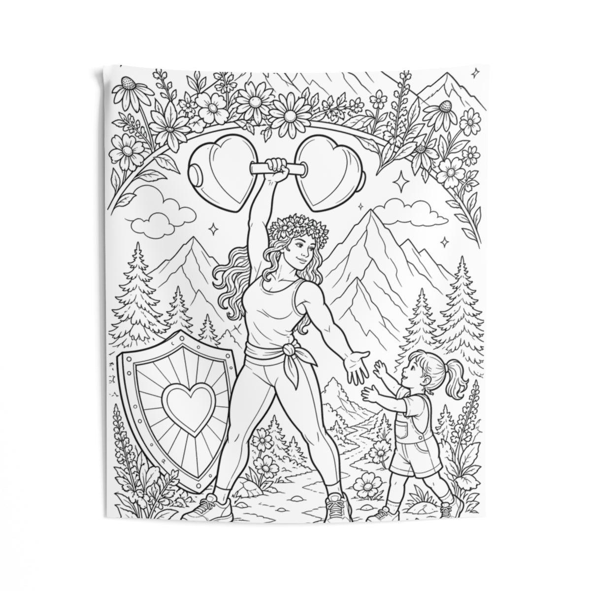 Strong Mom Indoor Wall Tapestry kit shown in a lifestyle mockup - 50" × 60"