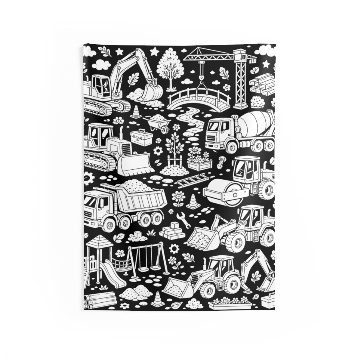 Construction Site Machines Indoor Wall Tapestry kit shown in a lifestyle mockup - 26" × 36"
