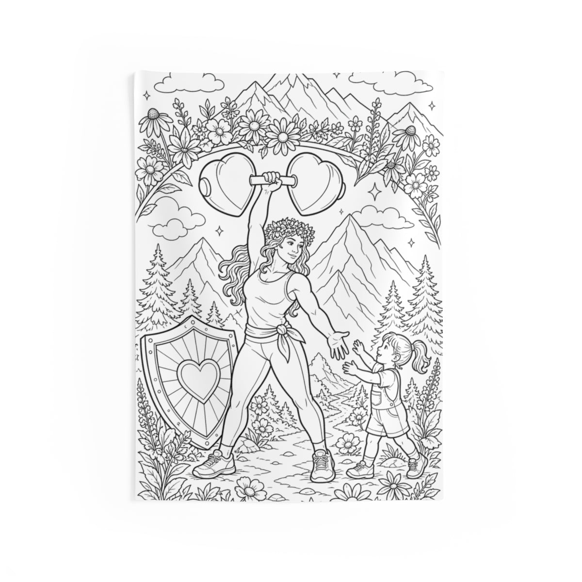 Strong Mom Indoor Wall Tapestry kit shown in a lifestyle mockup - 26" × 36"