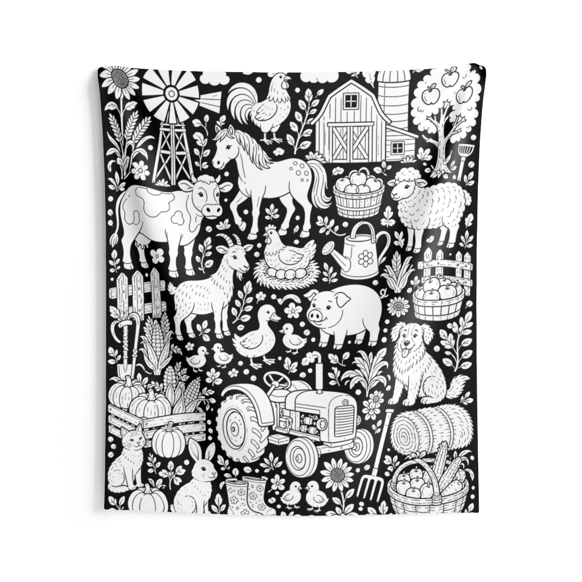 Farmyard Friends Harvest Indoor Wall Tapestry kit shown in a lifestyle mockup - 68" × 80"
