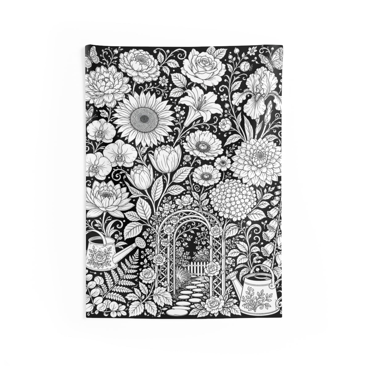 Garden Arbor Blooms Indoor Wall Tapestry kit shown in a lifestyle mockup - 26" × 36"