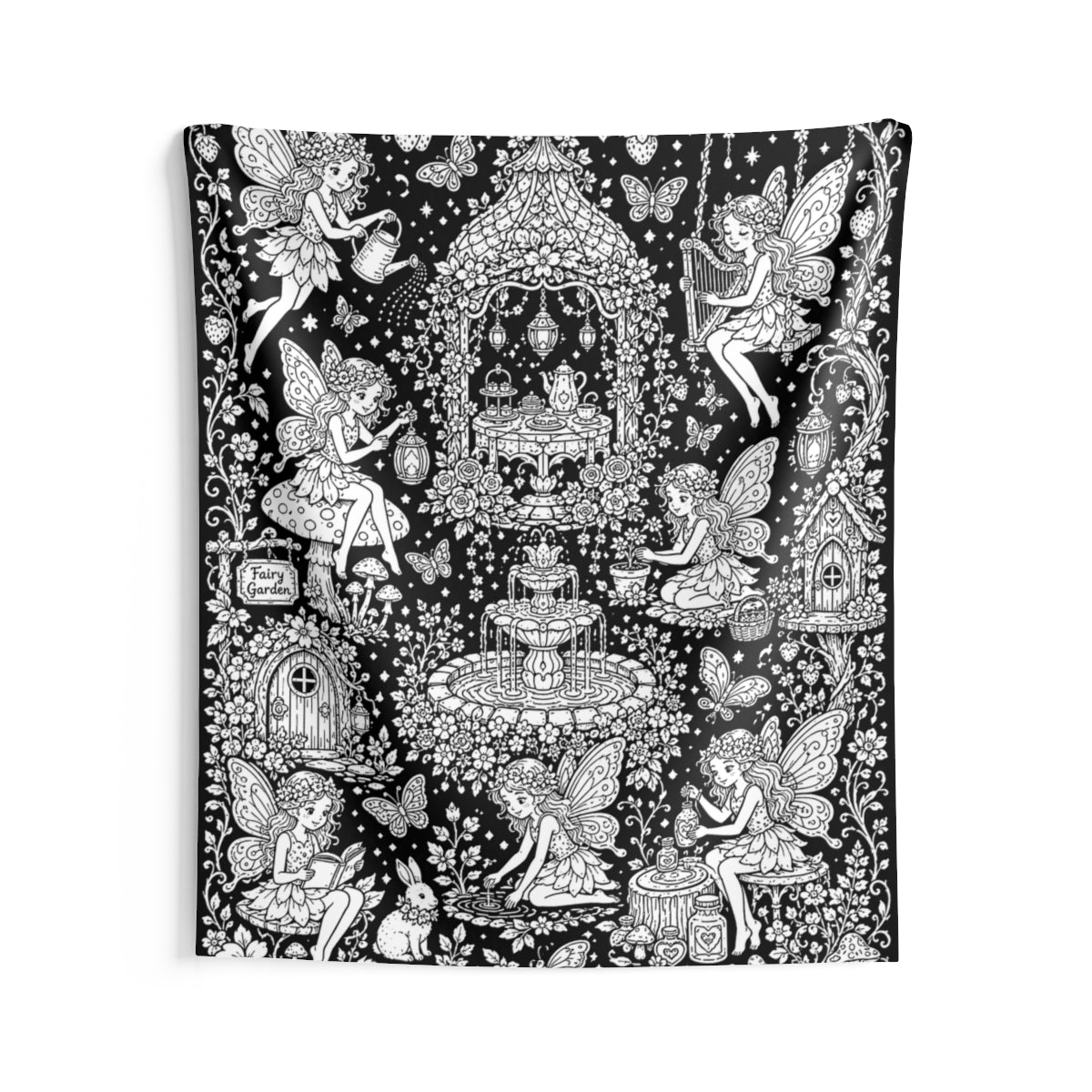 Fairy Garden Tea Party Indoor Wall Tapestry kit shown in a lifestyle mockup - 68" × 80"