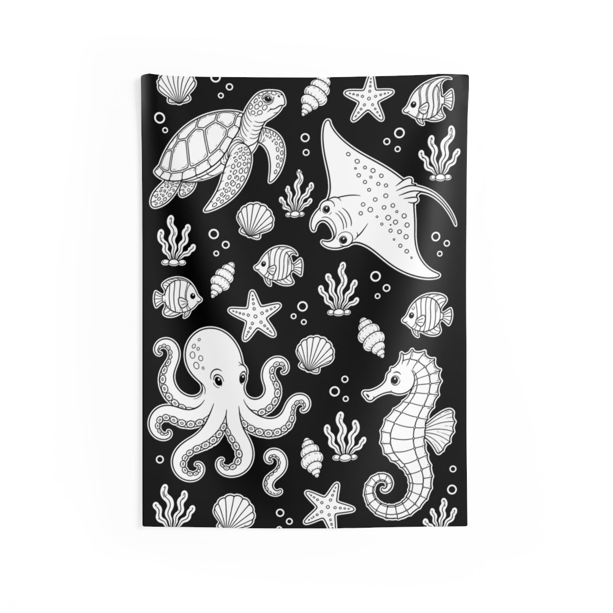 Ocean Friends Indoor Wall Tapestry kit shown in a lifestyle mockup - 26" × 36"