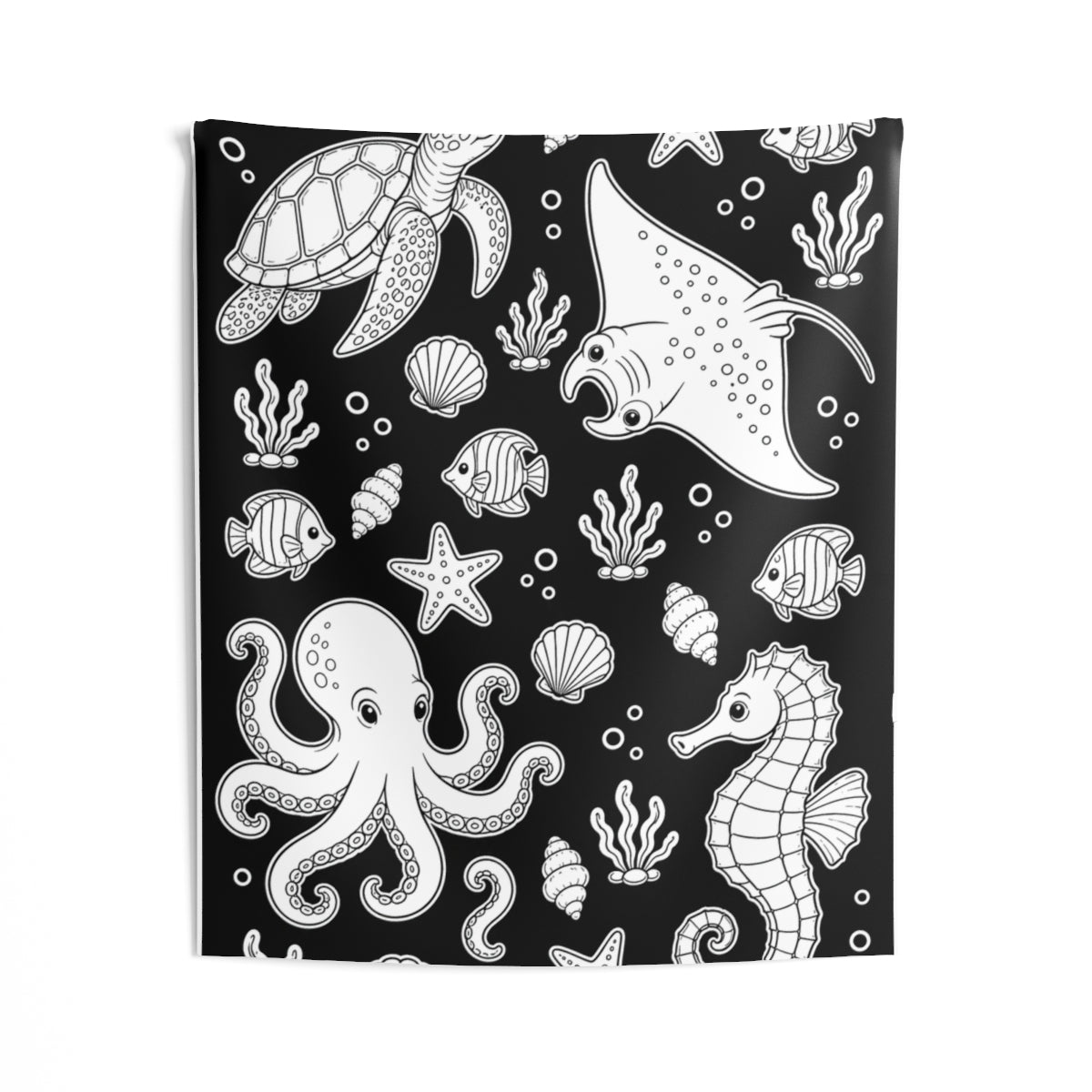 Ocean Friends Indoor Wall Tapestry kit shown in a lifestyle mockup - 50" × 60"