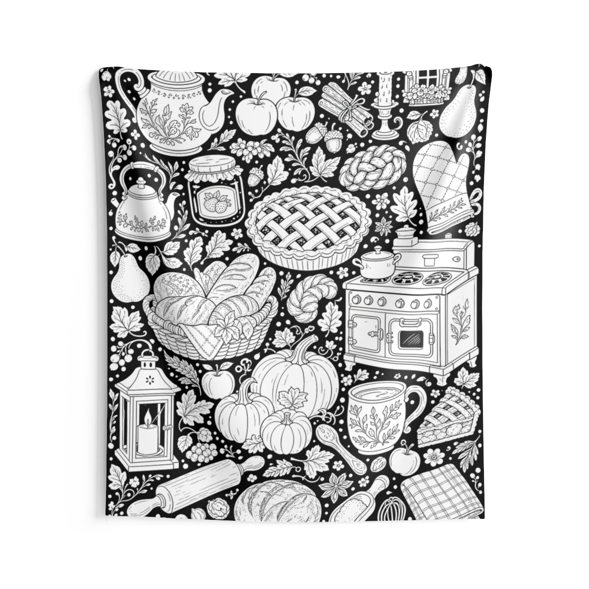 Autumn Kitchen Indoor Wall Tapestry kit shown in a lifestyle mockup - 68" × 80"