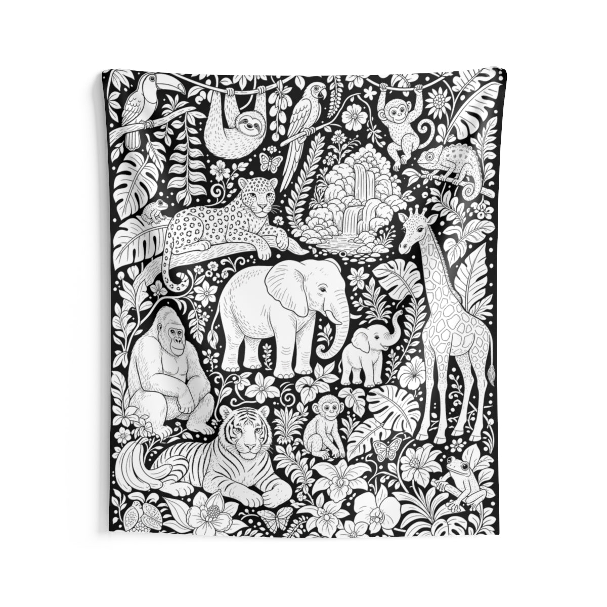 Tropical Jungle Safari Indoor Wall Tapestry kit shown in a lifestyle mockup - 68" × 80"