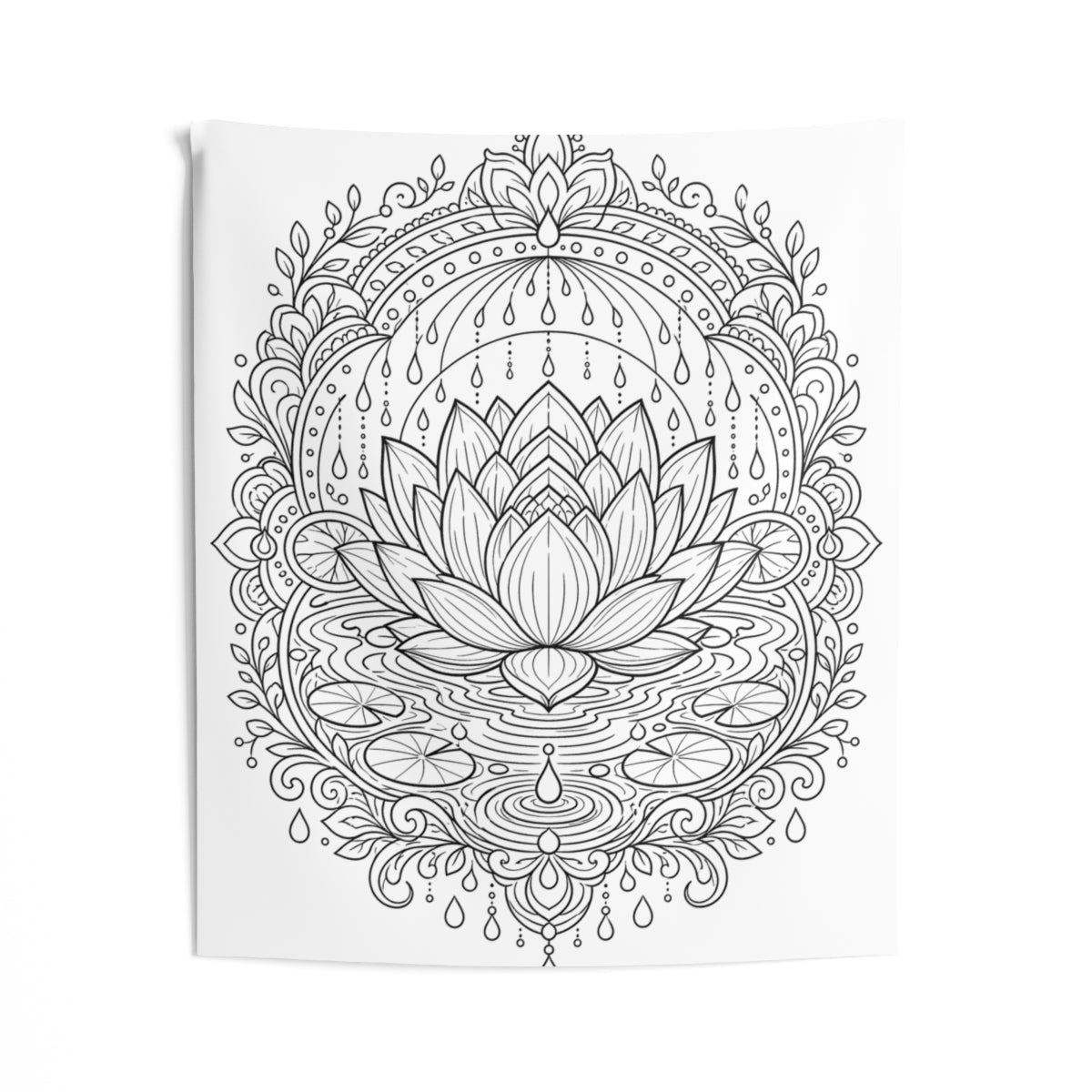 Zen Lotus Rain Mandala Indoor Wall Tapestry kit shown in a lifestyle mockup - 50" × 60"