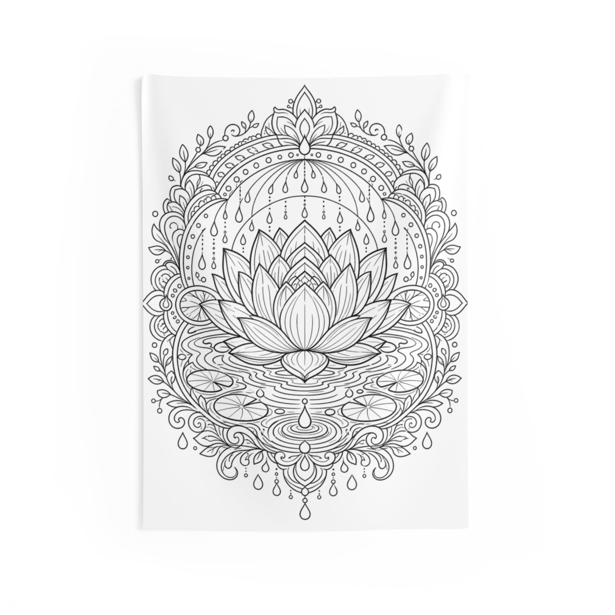 Zen Lotus Rain Mandala Indoor Wall Tapestry kit shown in a lifestyle mockup - 26" × 36"
