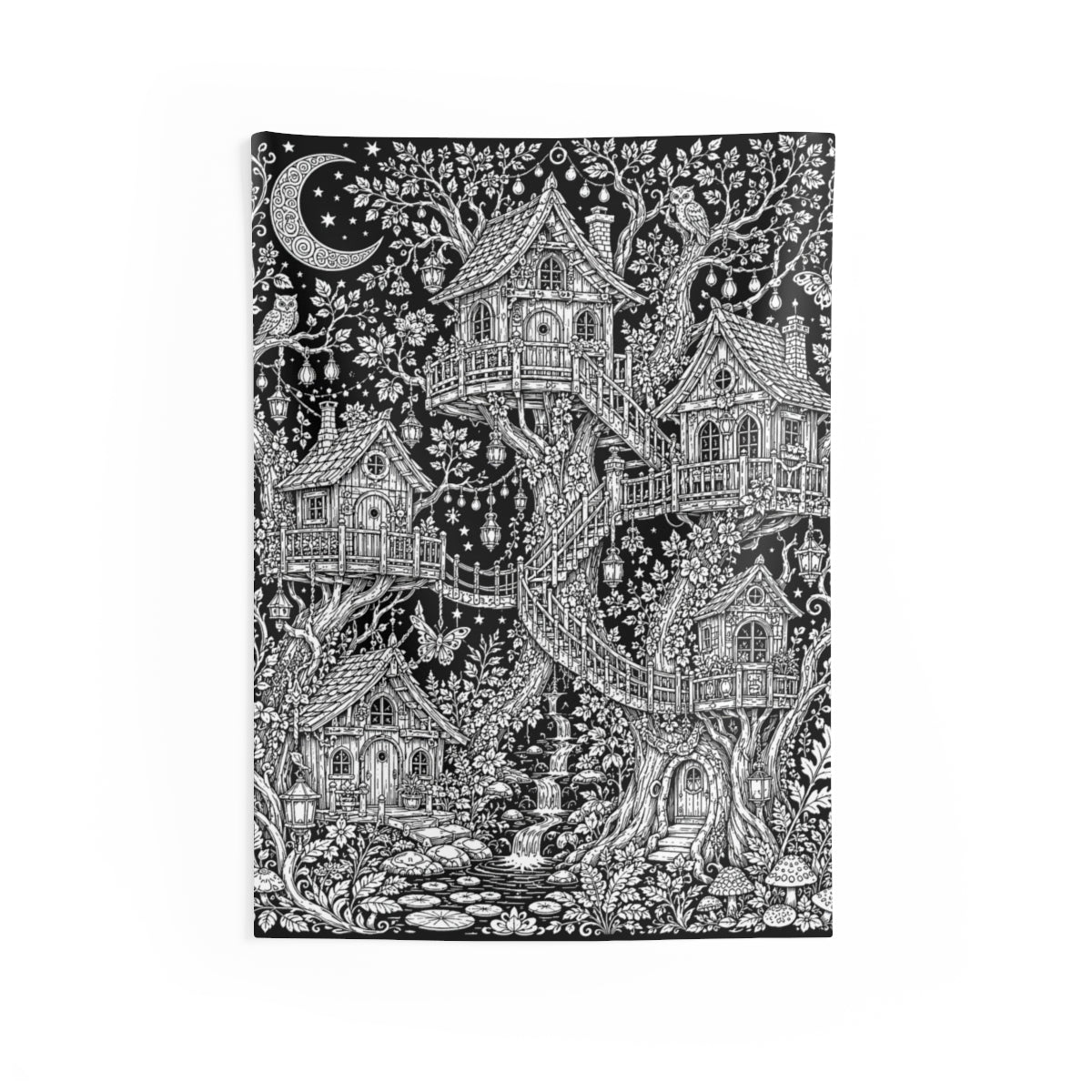 Moonlit Fairy Treehouse Village Indoor Wall Tapestry kit shown in a lifestyle mockup - 26" × 36"