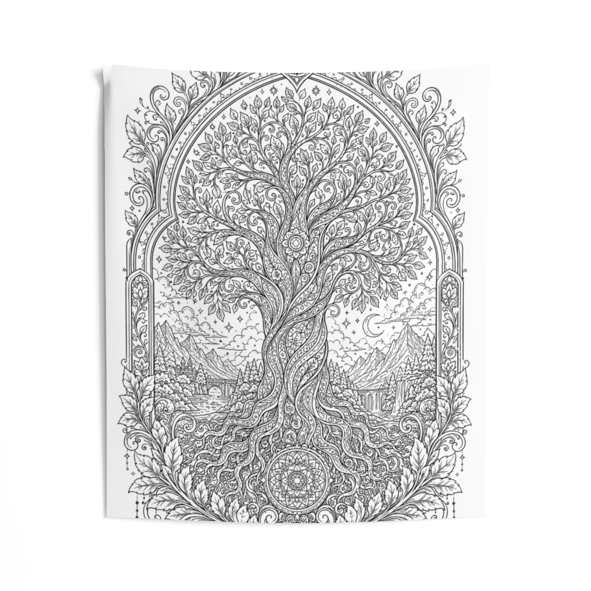 Enchanted Tree of Life Indoor Wall Tapestry kit shown in a lifestyle mockup - 50" × 60"