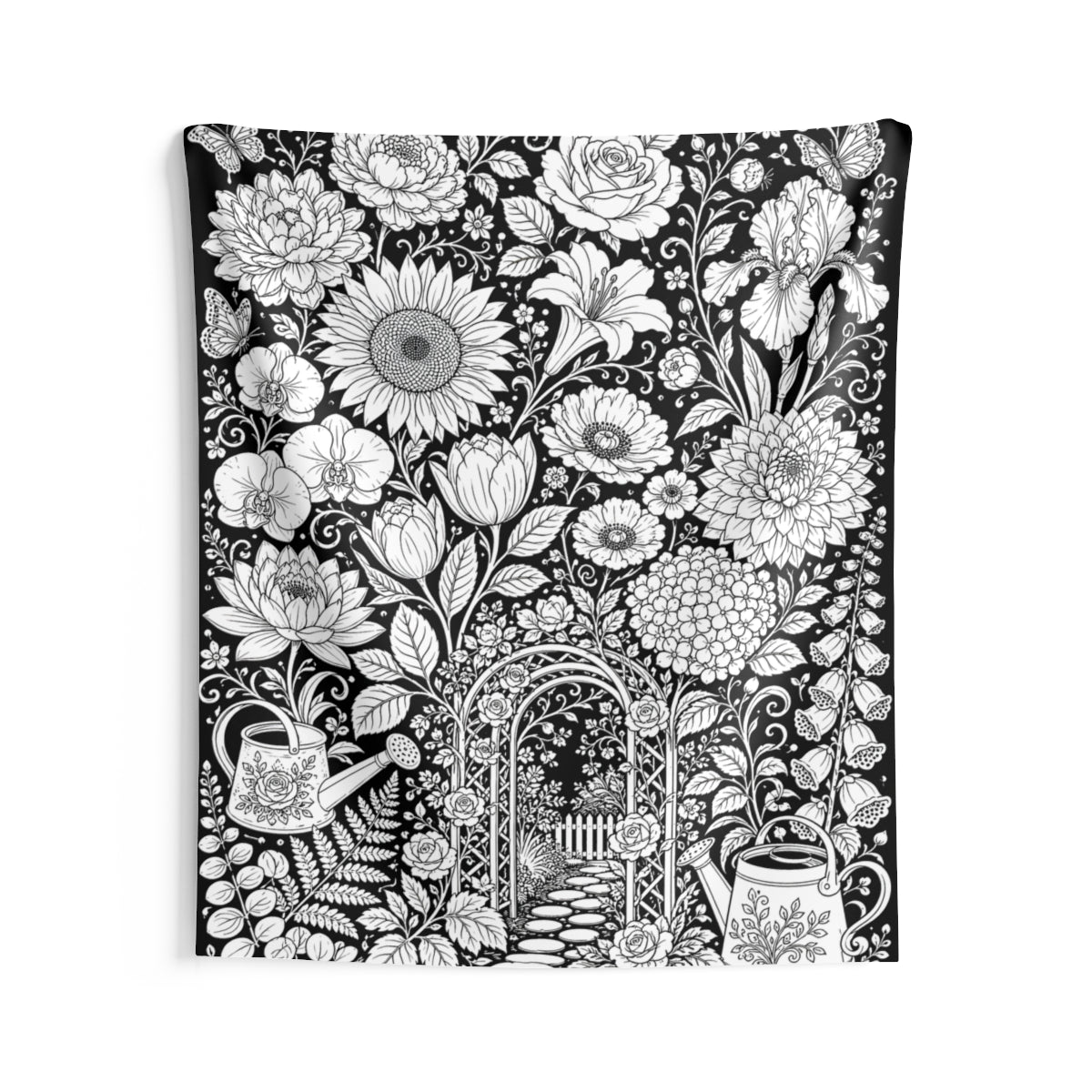 Garden Arbor Blooms Indoor Wall Tapestry kit shown in a lifestyle mockup - 68" × 80"