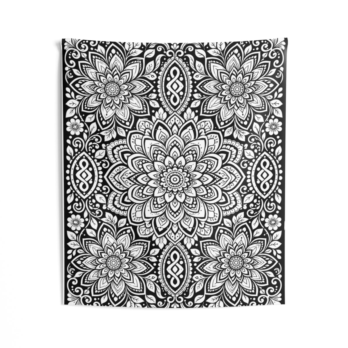 Lotus Bloom Mandala Indoor Wall Tapestry kit shown in a lifestyle mockup - 50" × 60"