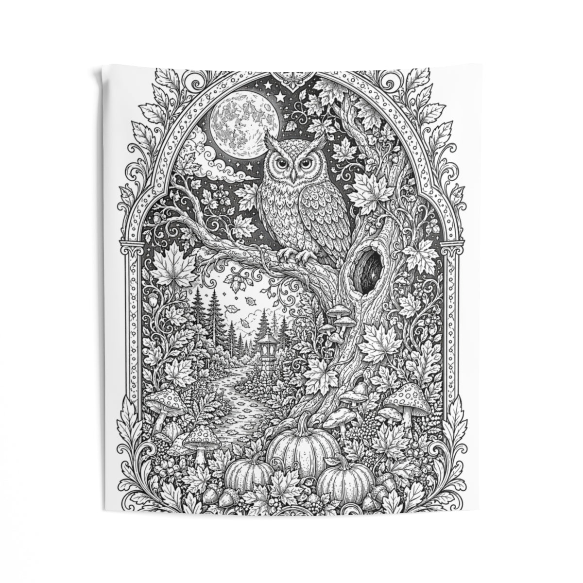Autumn Moonlit Owl Indoor Wall Tapestry kit shown in a lifestyle mockup - 50" × 60"