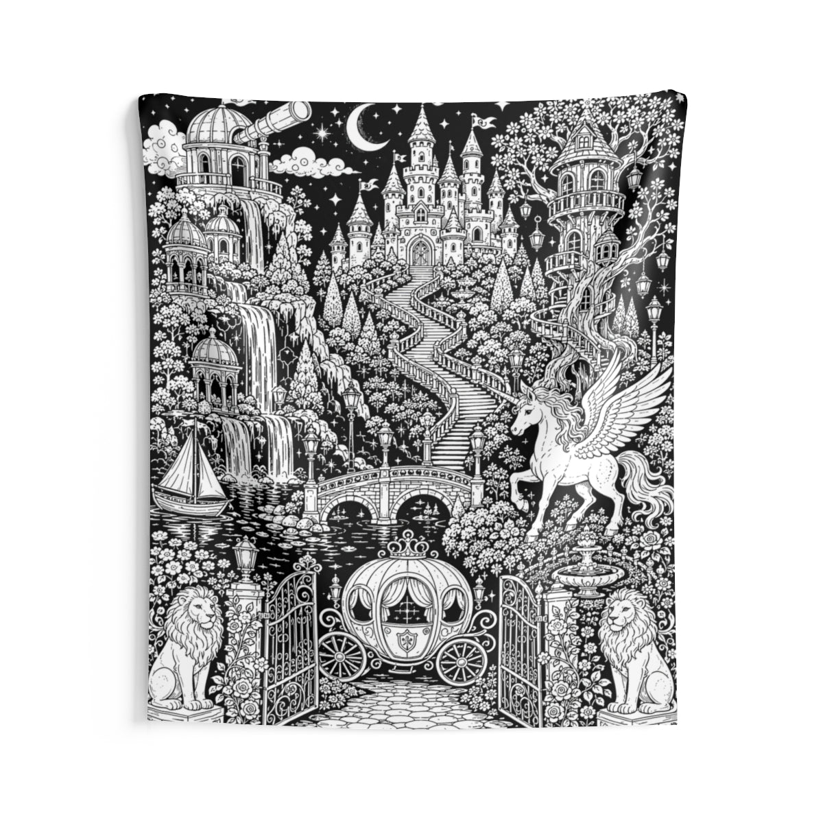 Enchanted Castle Kingdom Indoor Wall Tapestry kit shown in a lifestyle mockup - 68" × 80"