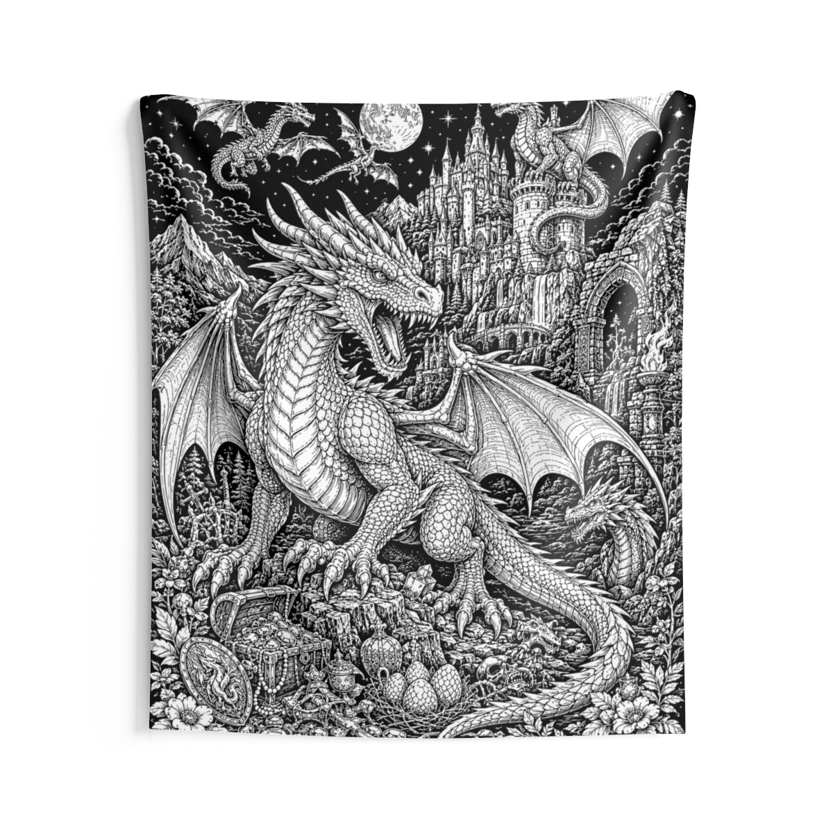 Moonlit Dragon Castle Indoor Wall Tapestry kit shown in a lifestyle mockup - 68" × 80"