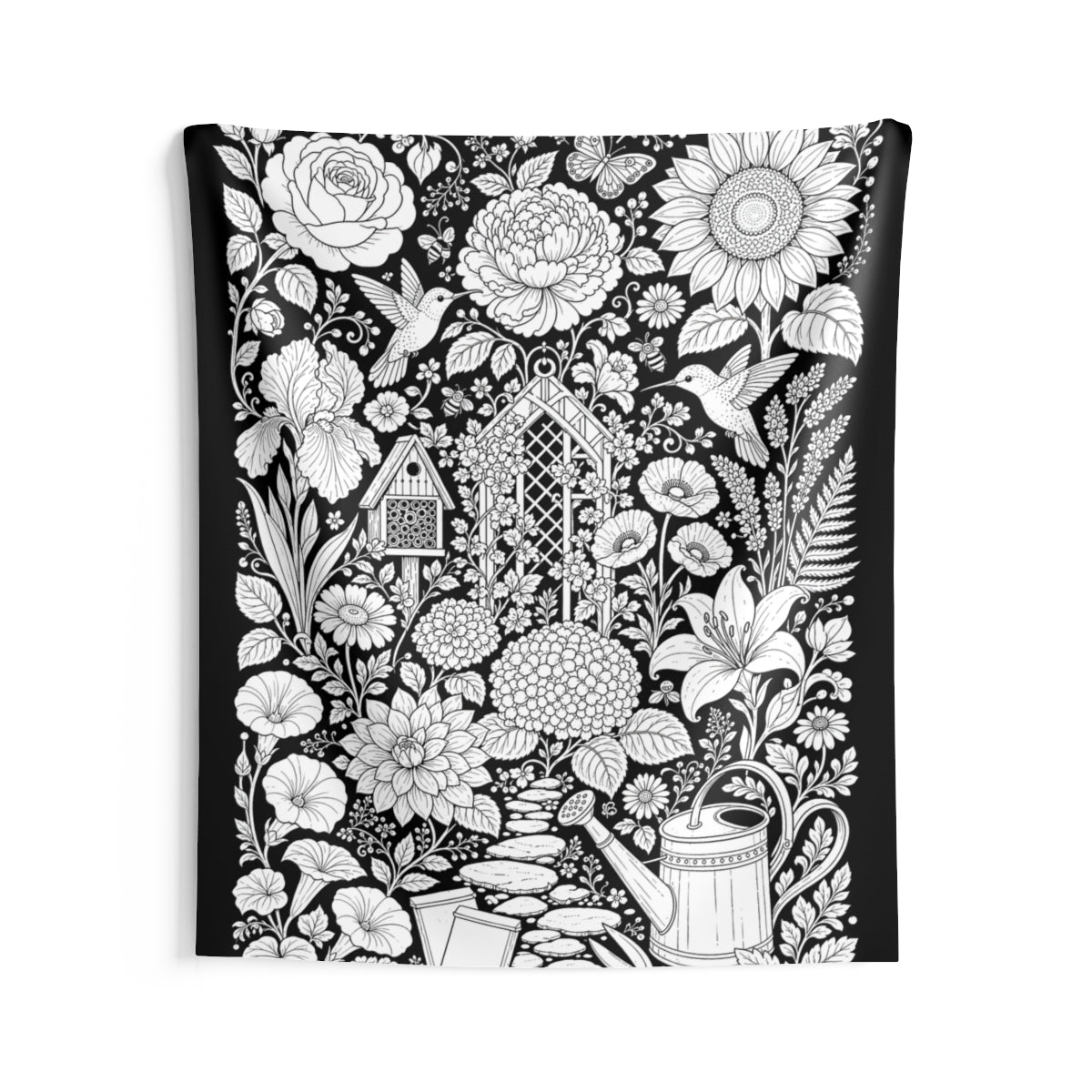 Hummingbird Flower Garden Indoor Wall Tapestry kit shown in a lifestyle mockup - 68" × 80"