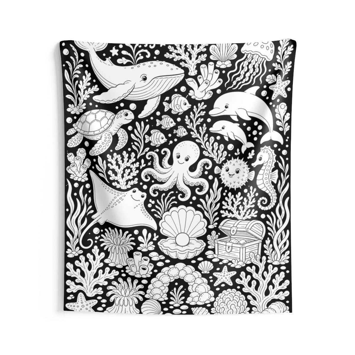 Ocean Reef Friends Indoor Wall Tapestry kit shown in a lifestyle mockup - 68" × 80"