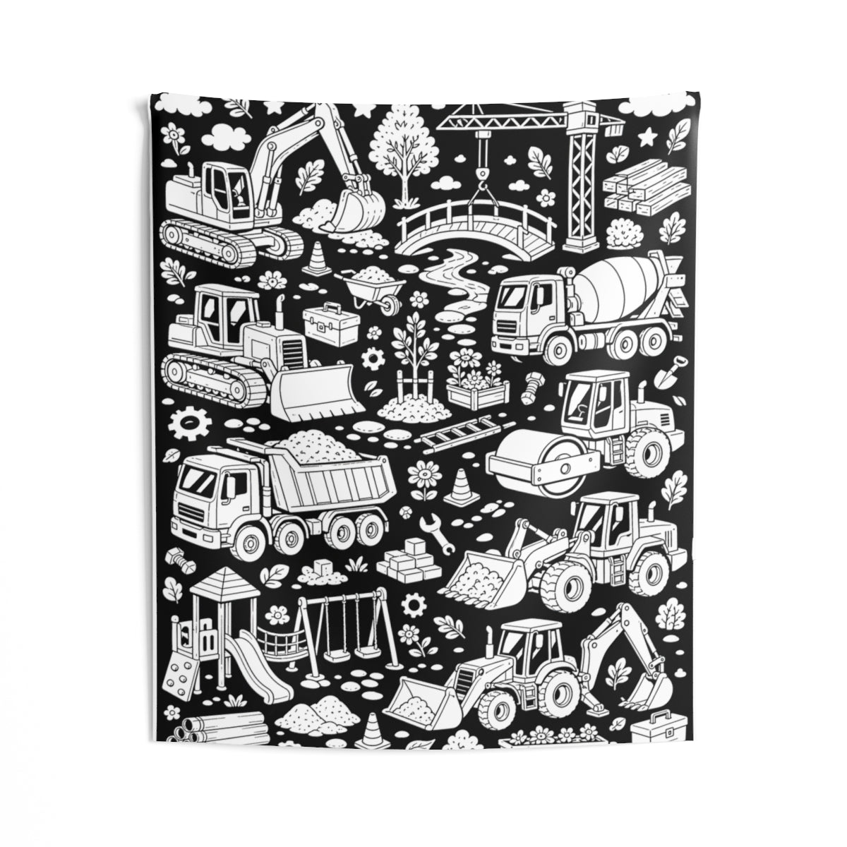 Construction Site Machines Indoor Wall Tapestry kit shown in a lifestyle mockup - 50" × 60"