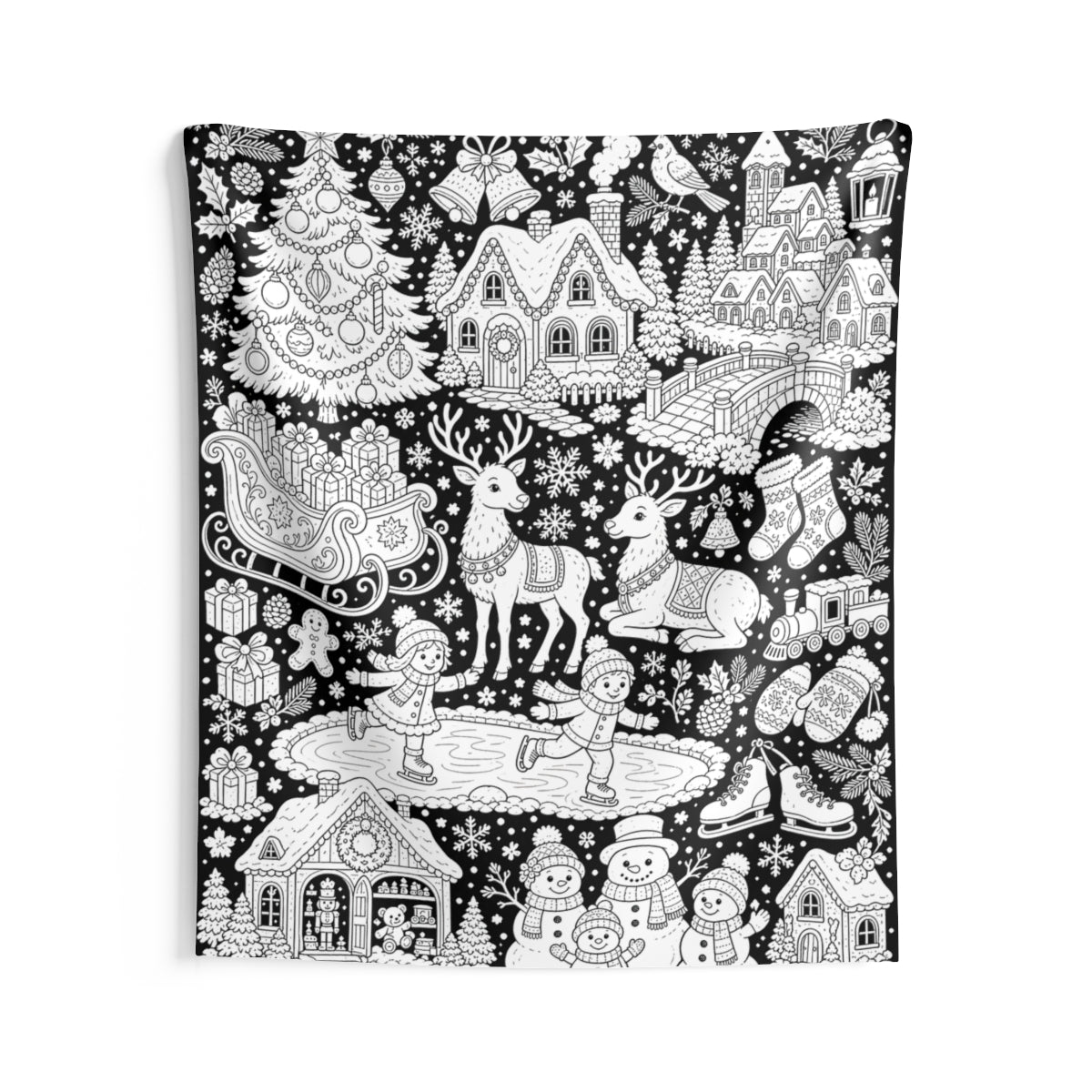Christmas Winter Wonderland Indoor Wall Tapestry kit shown in a lifestyle mockup - 68" × 80"