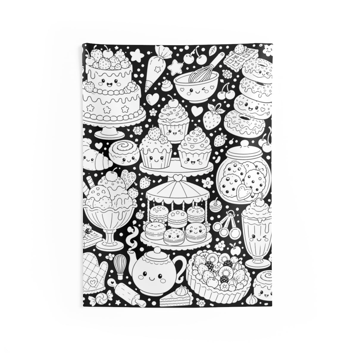 Kawaii Sweet Treats Indoor Wall Tapestry kit shown in a lifestyle mockup - 26" × 36"