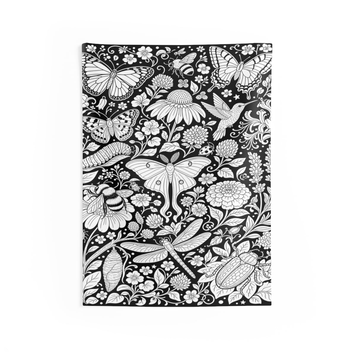 Butterfly and Moth Garden Indoor Wall Tapestry kit shown in a lifestyle mockup - 26" × 36"